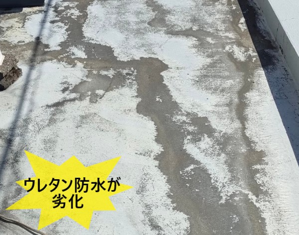 熊本市中央区のマンションで雨漏り修理のご相談｜マンション陸屋根のウレタン防水劣化が雨漏りを引き起こしていました