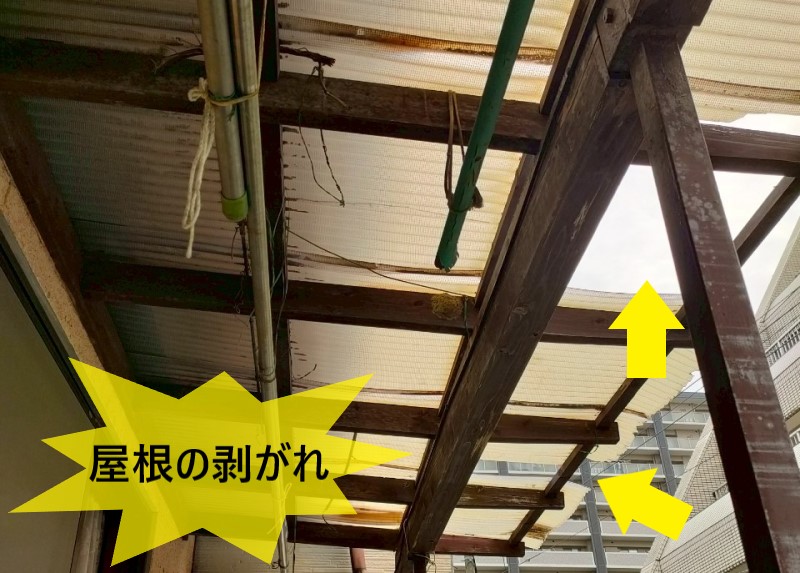 熊本市中央区にて風で破損した2階ベランダの波板屋根！傷んだ下地木材は交換せず予算を抑えた補修内容をご提案