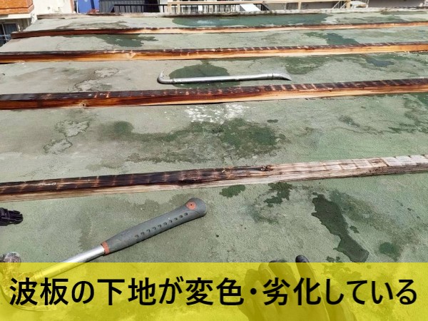 塔屋の波板をはがすと、下地の木材が変色・劣化している