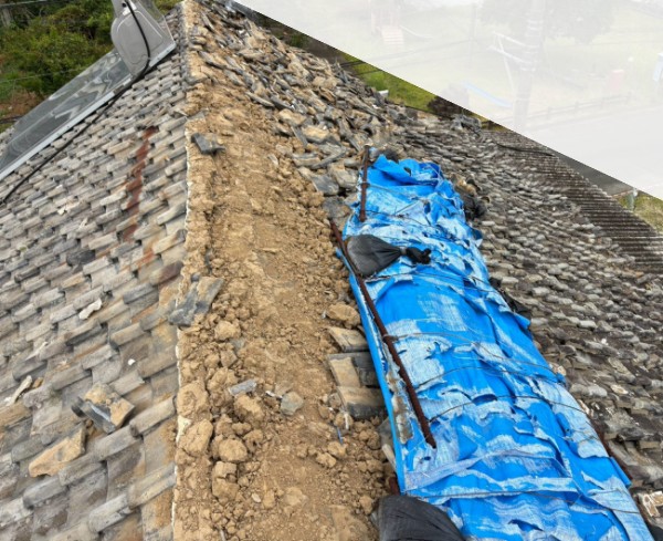 宇城市で熊本地震の被害を受けた土葺き瓦屋根　ブルーシート養生前