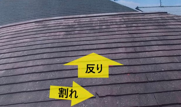 屋根のスレートには割れや反りが見られます