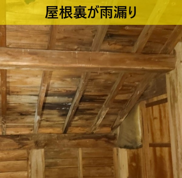 屋根裏が雨漏りして木材が変色している