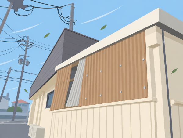 強風で外れた壁の波板イラスト