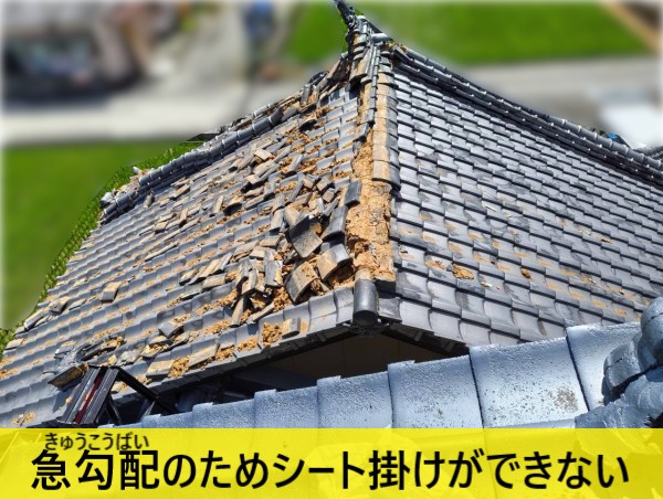 急勾配の瓦屋根のため、ブルーシート掛けができない状況