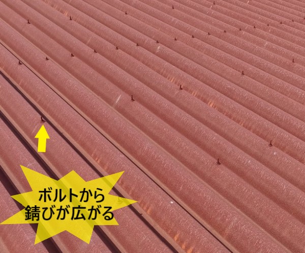 折板屋根のボルトから錆びが広がる