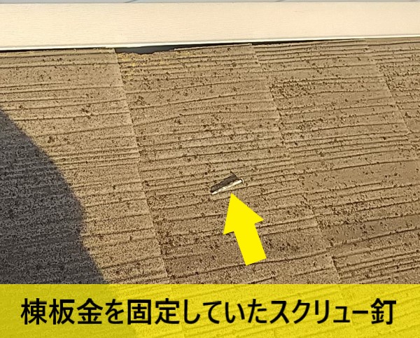 棟板金を固定していたスクリュー釘が抜けている