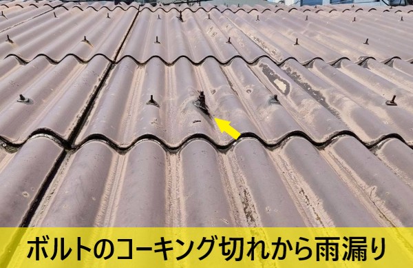 波型スレートのフックボルトのコーキング切れから雨漏りが起きたと判明
