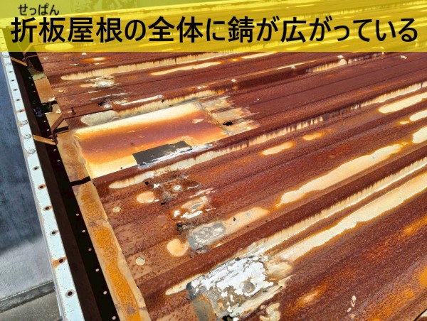 熊本市東区で倉庫の折板屋根全体に錆が広がっている