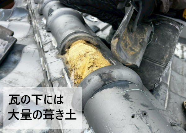 瓦をめくると大量の葺き土が出てきます