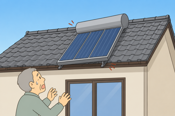 瓦屋根に載せている天日（太陽熱温水器）が地震でずれているイラスト