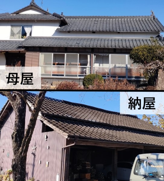 熊本市北区で母屋と納屋の屋根葺き替え希望で現地調査｜煙突のある屋根でも葺き替えはできます！