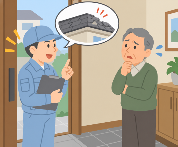 訪問営業が玄関先で屋根の不具合について営業している