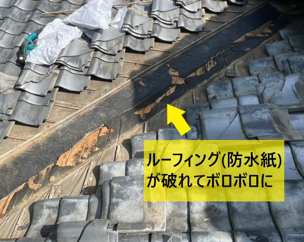 谷板金の下にある既存のルーフィングが破れてボロボロの状態