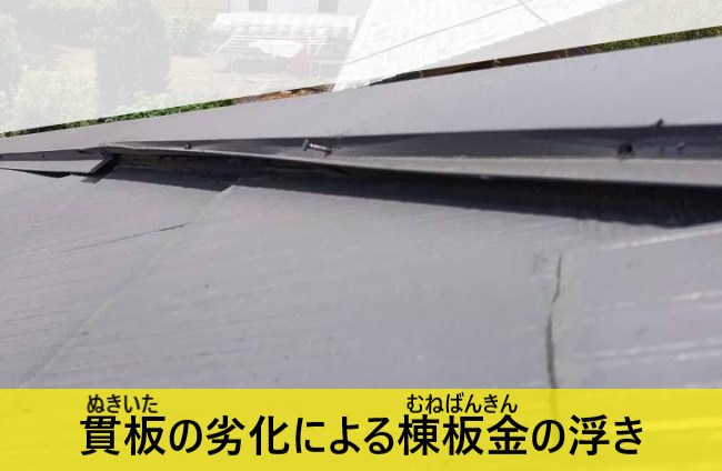 貫板の劣化による棟板金の浮き