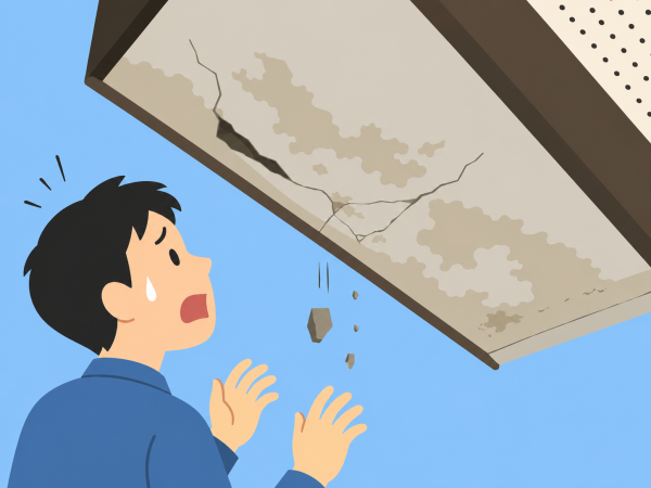 軒天が落下しそうで怖がっている男性