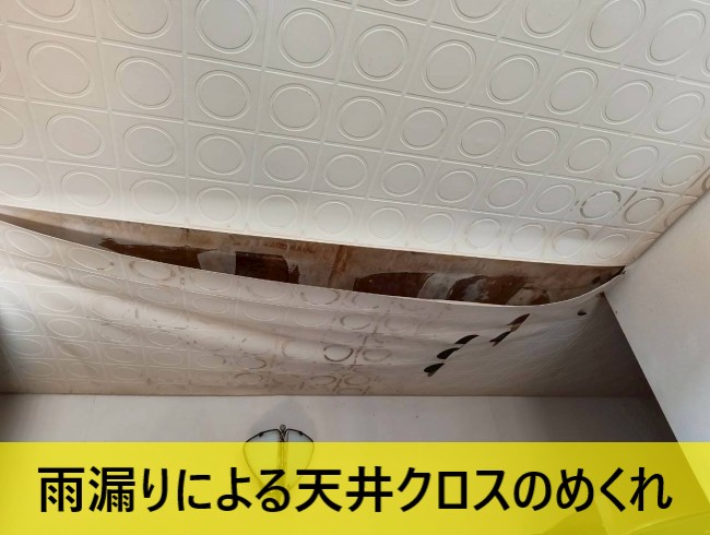 雨漏りにより天井クロスが大きくめくれて下地の合板が見えている